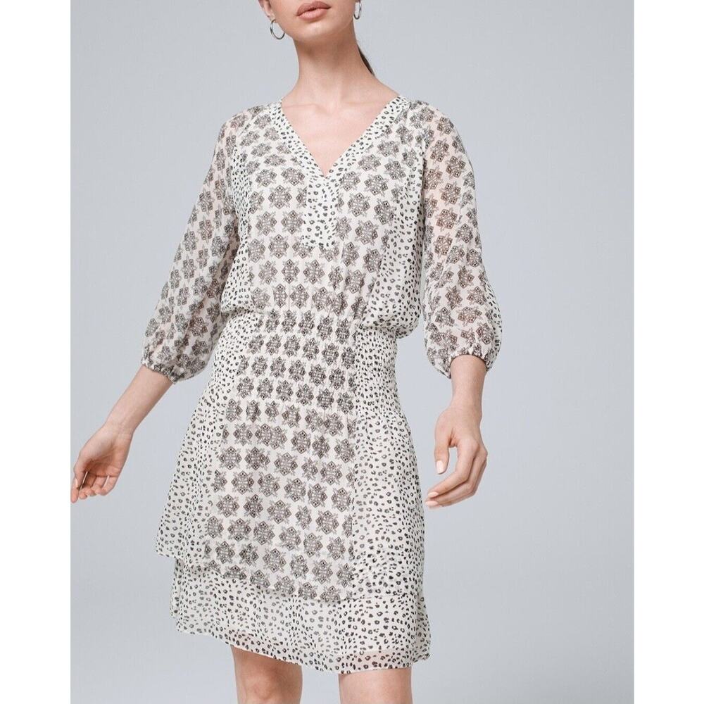 White House Black Market Mixed Print Tiered Blouson Dress, Size XXS